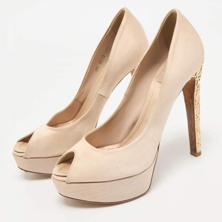 Pre Owned Dior Light Beige Satin Metal Cannage Peep Toe Platform Pumps Size 38.5