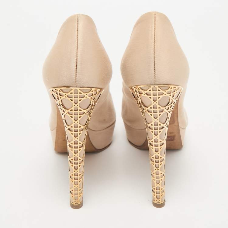 Pre Owned Dior Light Beige Satin Metal Cannage Peep Toe Platform Pumps Size 38.5