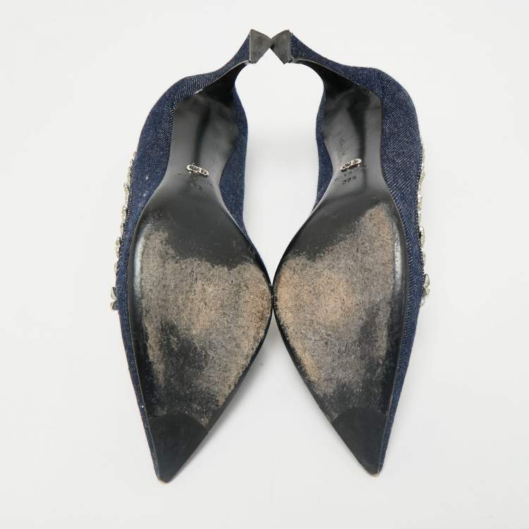 Pre Owned Dior Navy Blue Denim Crystal Embellished Garland Pointed Toe Pumps Size 38.5