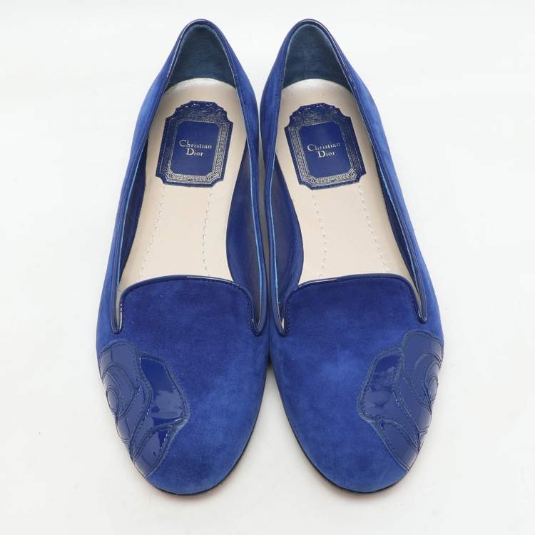 Pre Owned Dior Blue Patent Leather and Suede Rose Smoking Slippers Size 36