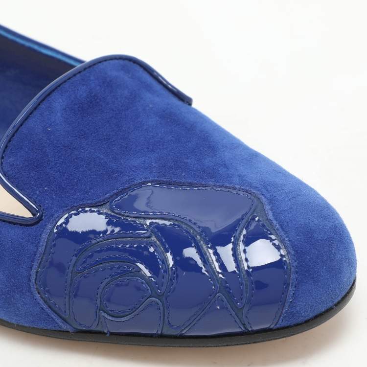 Pre Owned Dior Blue Patent Leather and Suede Rose Smoking Slippers Size 36