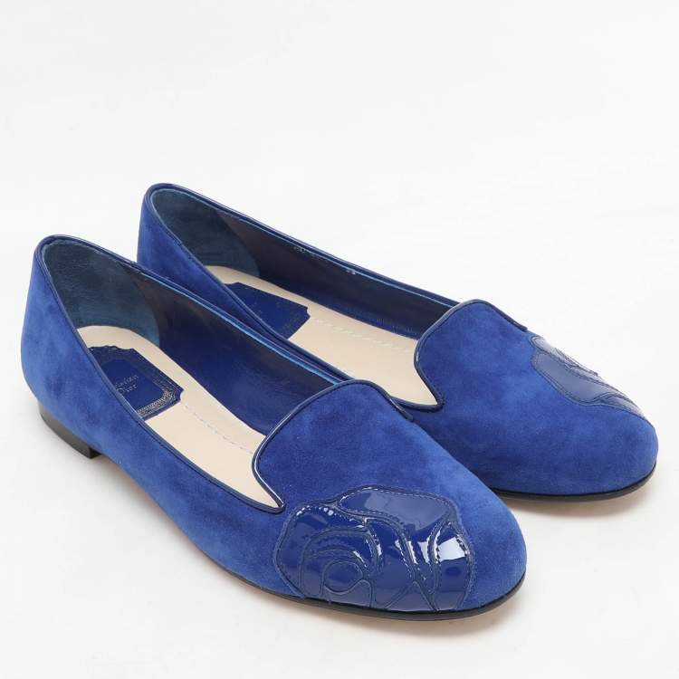 Pre Owned Dior Blue Patent Leather and Suede Rose Smoking Slippers Size 36