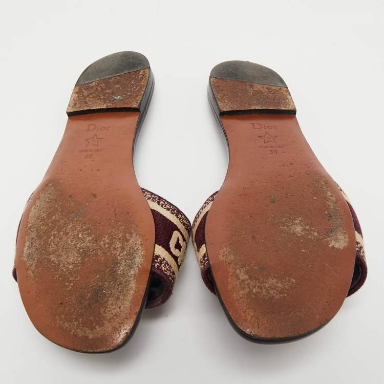 Pre Owned Dior Burgundy Embroidered Canvas Dway Flat Slides Size 38