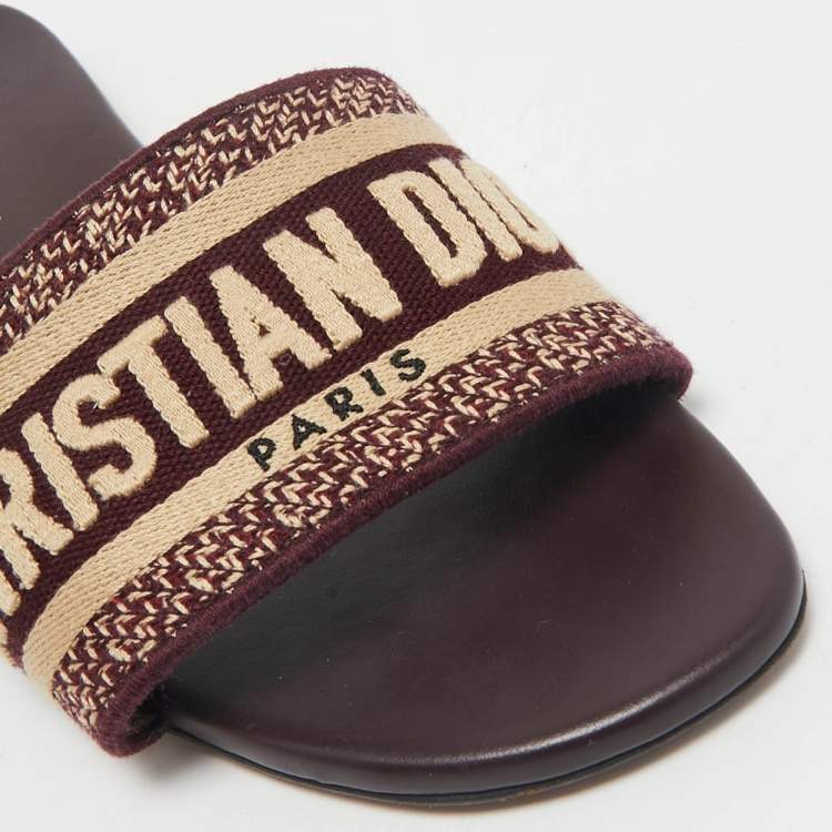 Pre Owned Dior Burgundy Embroidered Canvas Dway Flat Slides Size 38