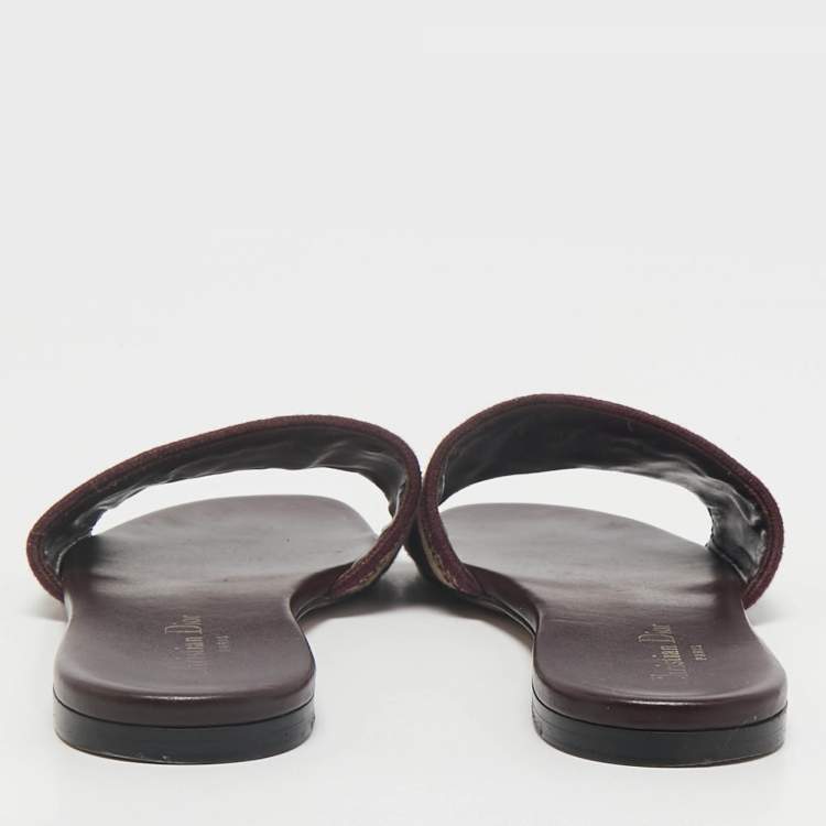 Pre Owned Dior Burgundy Embroidered Canvas Dway Flat Slides Size 38