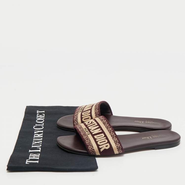 Pre Owned Dior Burgundy Embroidered Canvas Dway Flat Slides Size 38
