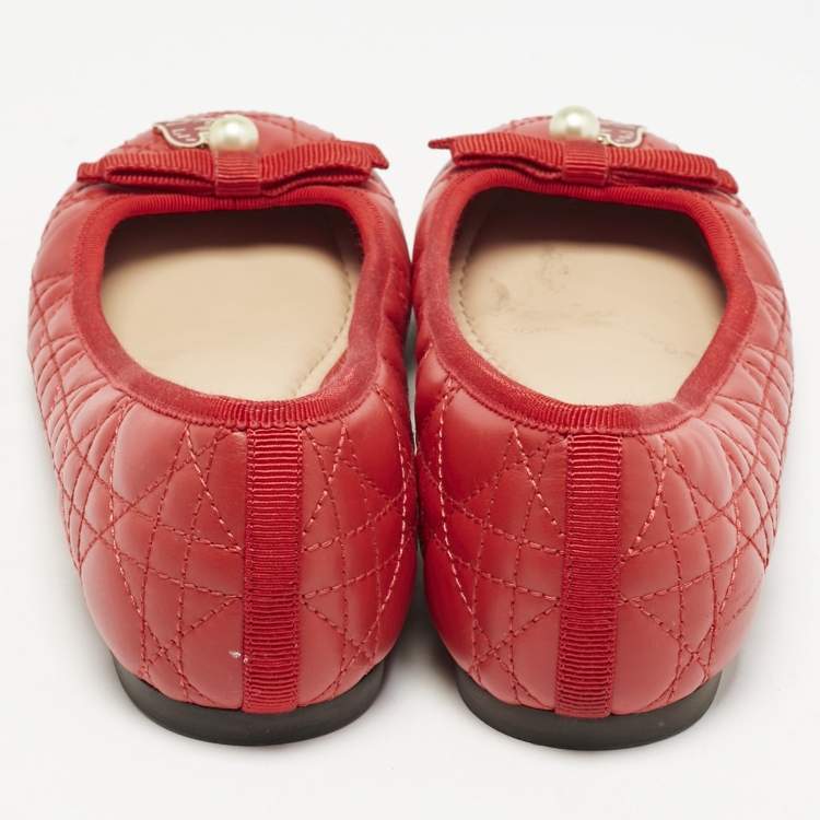 Pre Owned Dior Red Cannage Quilted Leather Bow Ballet Flats Size 37