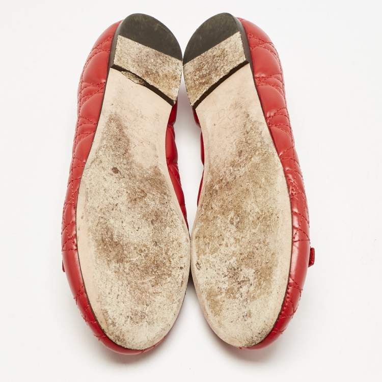 Pre Owned Dior Red Cannage Quilted Leather Bow Ballet Flats Size 37