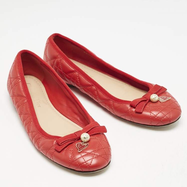 Pre Owned Dior Red Cannage Quilted Leather Bow Ballet Flats Size 37