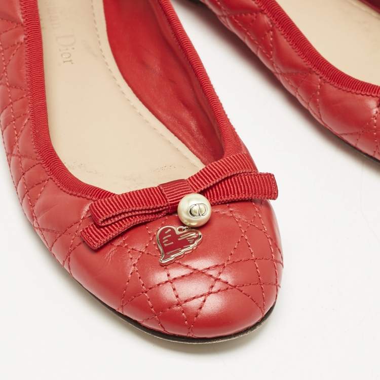 Pre Owned Dior Red Cannage Quilted Leather Bow Ballet Flats Size 37
