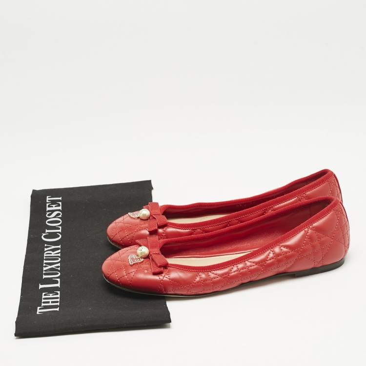 Pre Owned Dior Red Cannage Quilted Leather Bow Ballet Flats Size 37