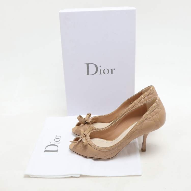 Pre Owned Dior Beige Clair Cannage Leather Sweet Peep Toe Pumps Size 35.5