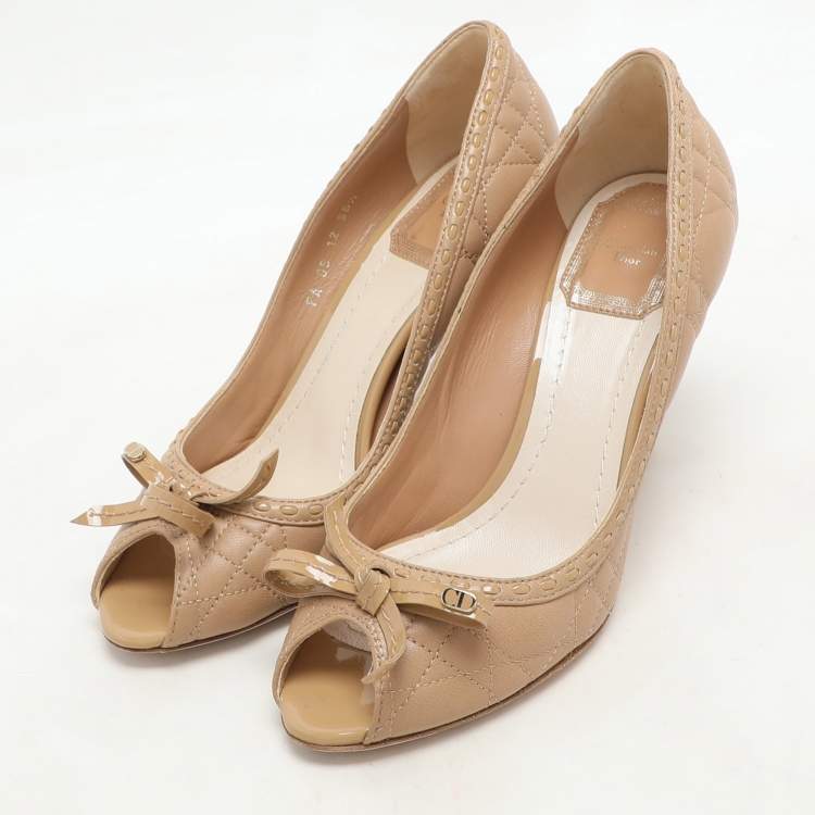 Pre Owned Dior Beige Clair Cannage Leather Sweet Peep Toe Pumps Size 35.5