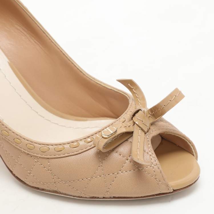 Pre Owned Dior Beige Clair Cannage Leather Sweet Peep Toe Pumps Size 35.5