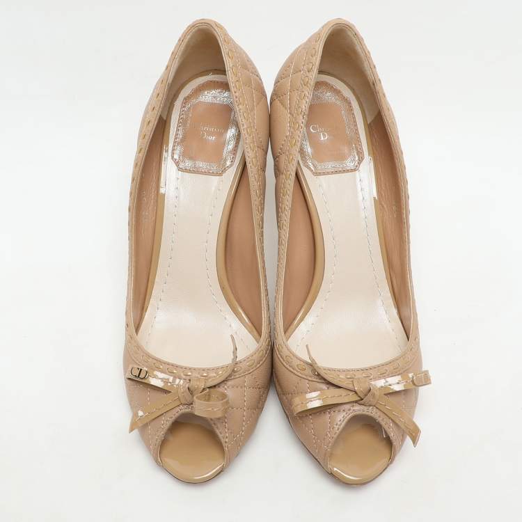 Pre Owned Dior Beige Clair Cannage Leather Sweet Peep Toe Pumps Size 35.5