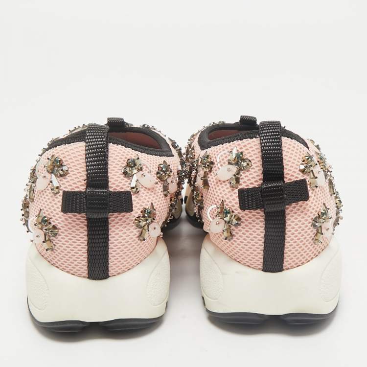 Pre Owned Dior Light Pink/Black Mesh Fusion Embellished Slip On Sneakers Size 37