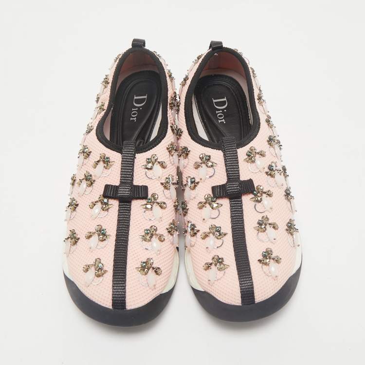 Pre Owned Dior Light Pink/Black Mesh Fusion Embellished Slip On Sneakers Size 37