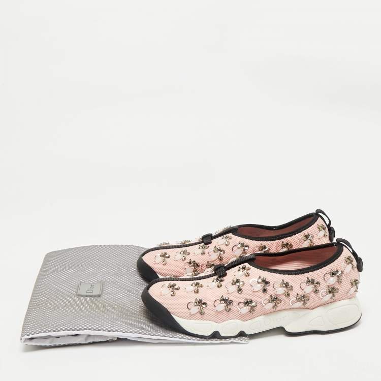 Pre Owned Dior Light Pink/Black Mesh Fusion Embellished Slip On Sneakers Size 37