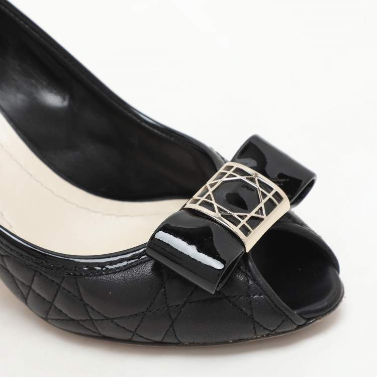 Pre Owned Dior Black Quilted Cannage Leather Bow Detail Peep Tow Pumps Size 36