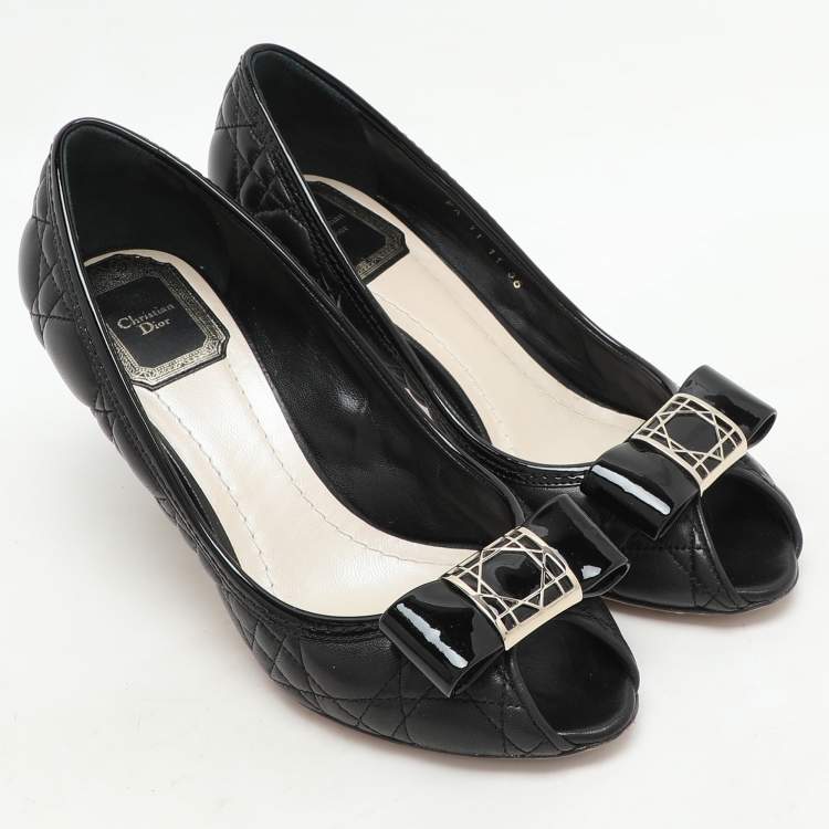 Pre Owned Dior Black Quilted Cannage Leather Bow Detail Peep Tow Pumps Size 36