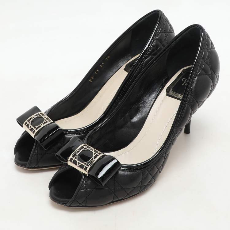 Pre Owned Dior Black Quilted Cannage Leather Bow Detail Peep Tow Pumps Size 36