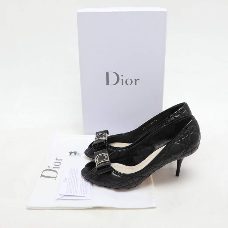 Pre Owned Dior Black Quilted Cannage Leather Bow Detail Peep Tow Pumps Size 36