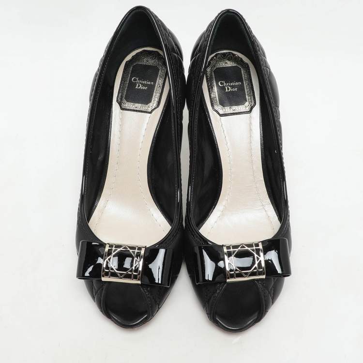 Pre Owned Dior Black Quilted Cannage Leather Bow Detail Peep Tow Pumps Size 36