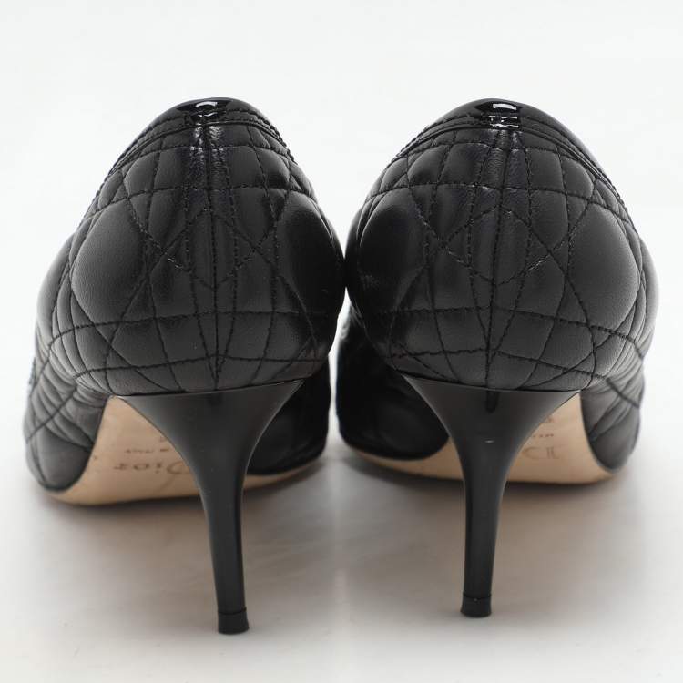 Pre Owned Dior Black Quilted Cannage Leather Bow Detail Peep Tow Pumps Size 36