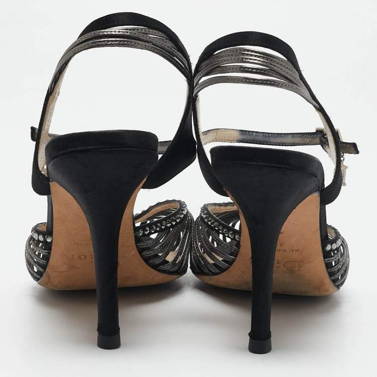 Pre Owned Dior Grey/Black Leather and Satin Crystal Embellished Strappy Sandals Size 37