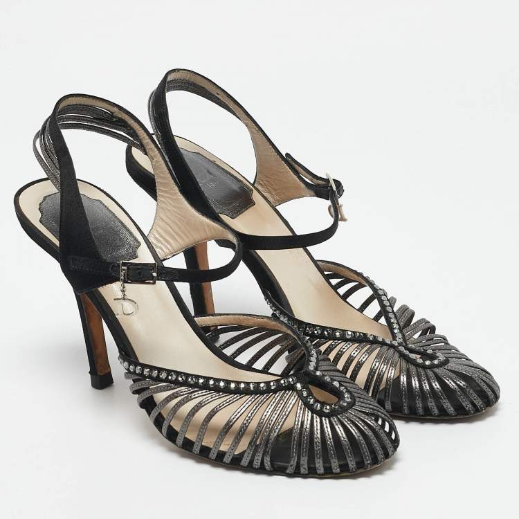 Pre Owned Dior Grey/Black Leather and Satin Crystal Embellished Strappy Sandals Size 37