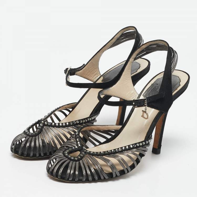 Pre Owned Dior Grey/Black Leather and Satin Crystal Embellished Strappy Sandals Size 37