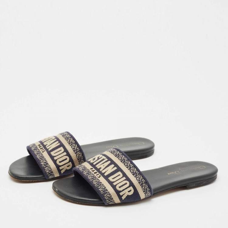 Pre Owned Dior Black/White Embroidered Canvas Dway Flats Slides Size 36.5