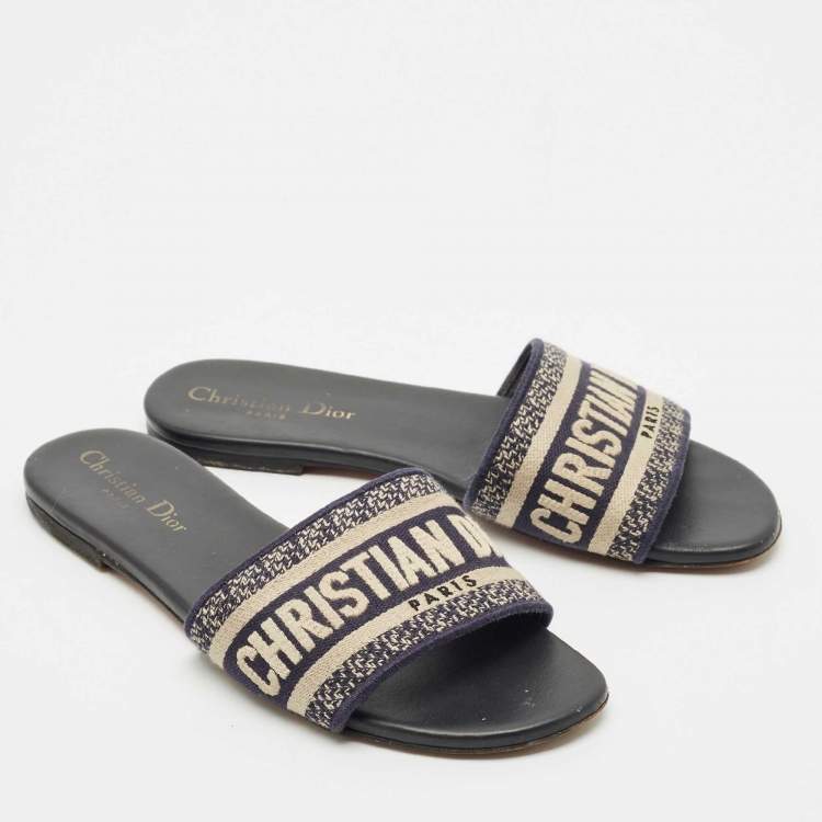 Pre Owned Dior Black/White Embroidered Canvas Dway Flats Slides Size 36.5