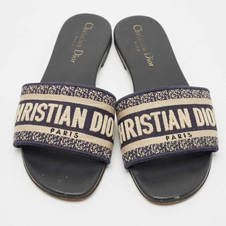 Pre Owned Dior Black/White Embroidered Canvas Dway Flats Slides Size 36.5