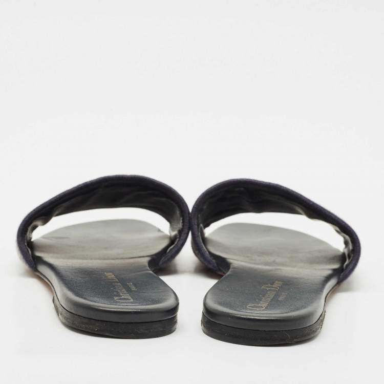 Pre Owned Dior Black/White Embroidered Canvas Dway Flats Slides Size 36.5