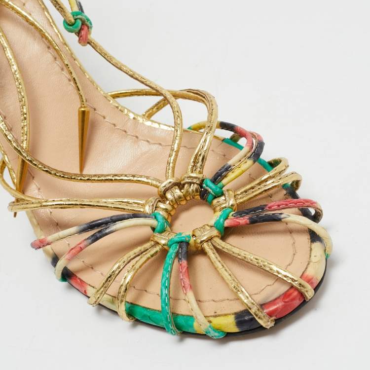Pre Owned Dior Multicolor Leather and Snakeskin Leather Ankle Strap Sandals Size 37.5