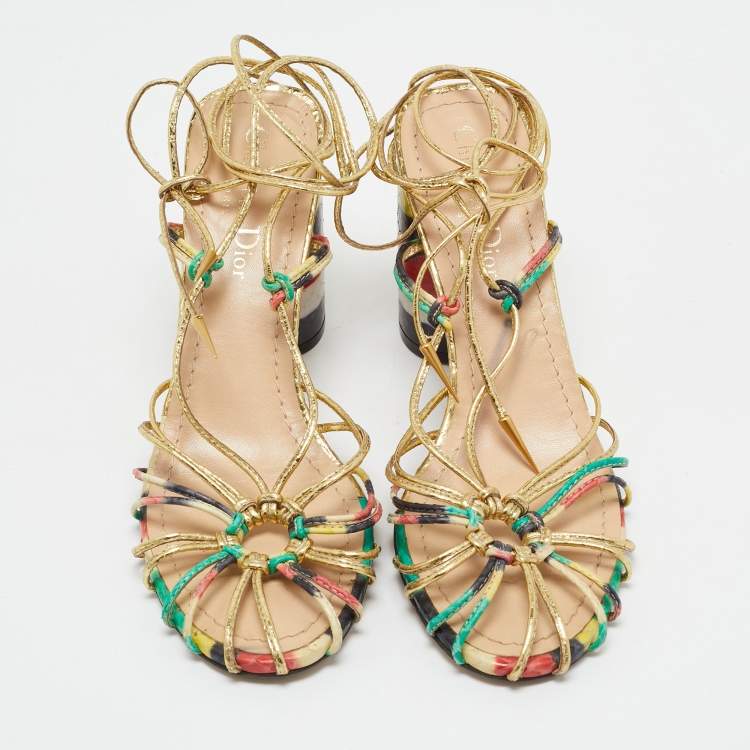 Pre Owned Dior Multicolor Leather and Snakeskin Leather Ankle Strap Sandals Size 37.5