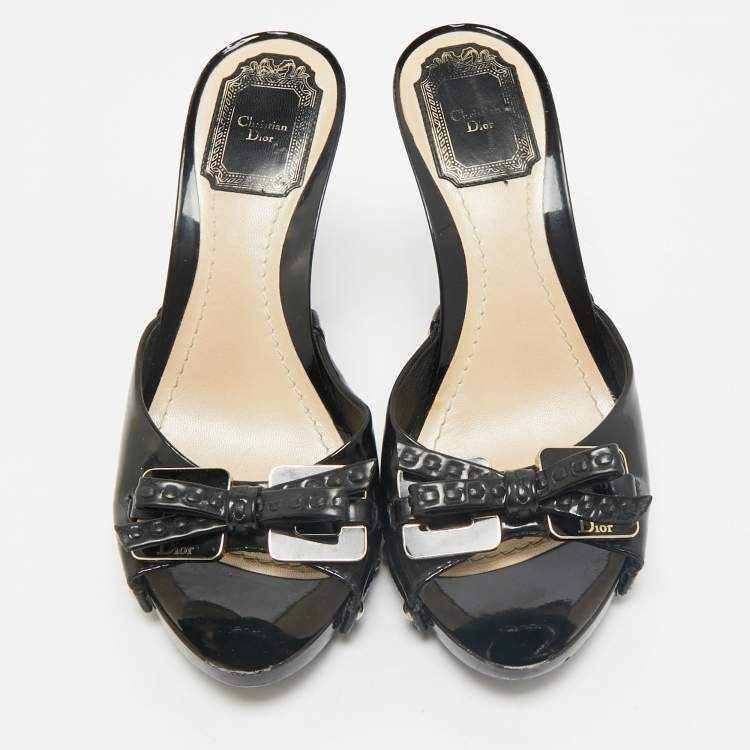 Pre Owned Dior Black Patent Leather Bow Slide Sandals Size 37