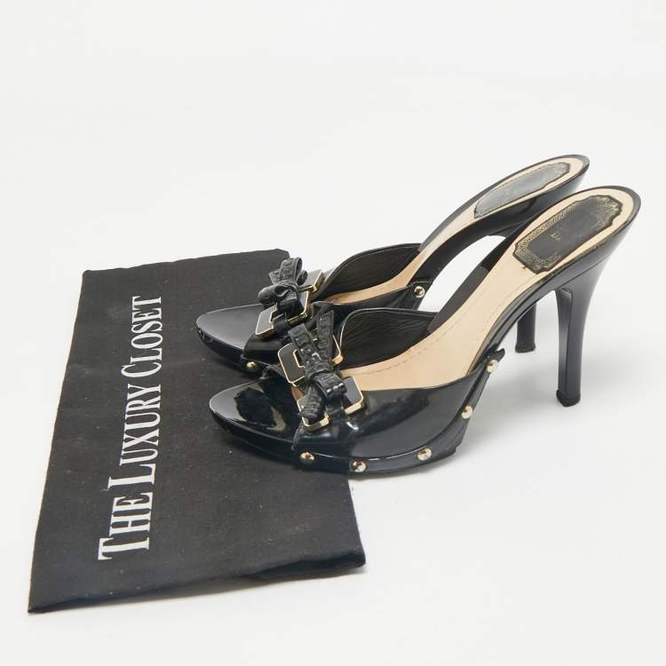 Pre Owned Dior Black Patent Leather Bow Slide Sandals Size 37