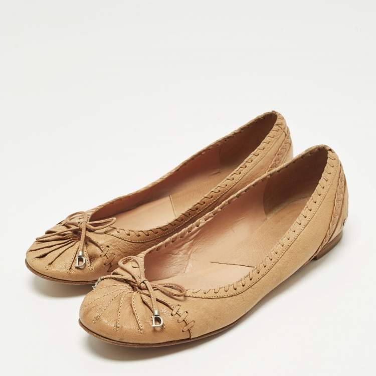 Pre Owned Dior Bow Size 38 Tan Leather Ballet Flats