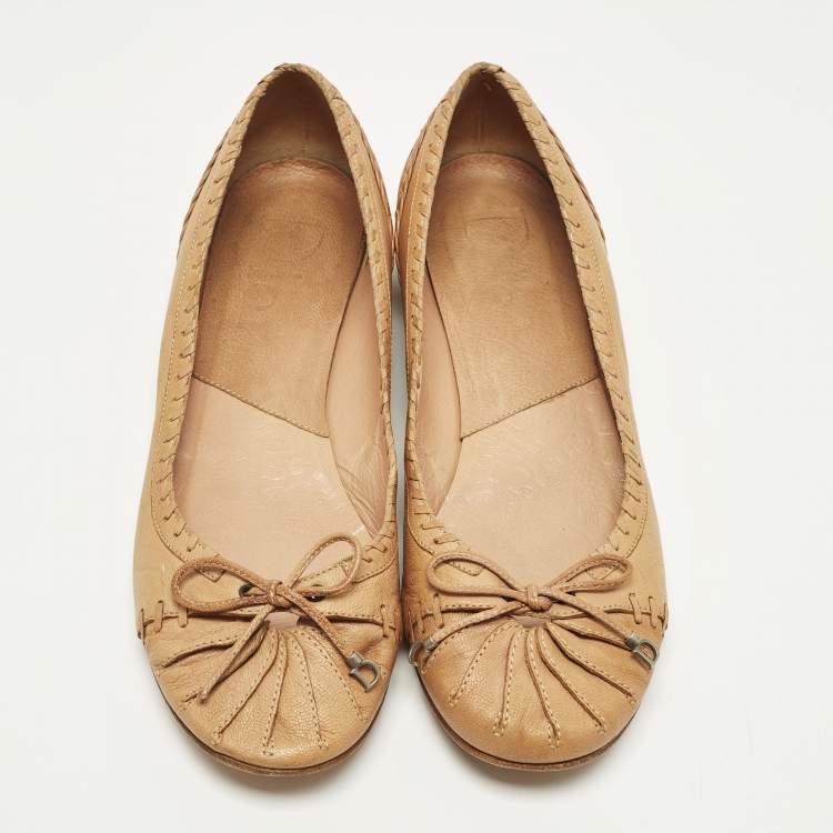 Pre Owned Dior Bow Size 38 Tan Leather Ballet Flats