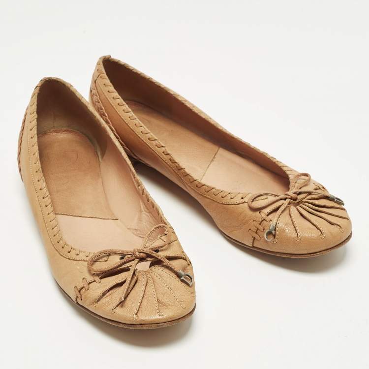 Pre Owned Dior Bow Size 38 Tan Leather Ballet Flats