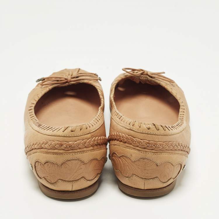 Pre Owned Dior Bow Size 38 Tan Leather Ballet Flats