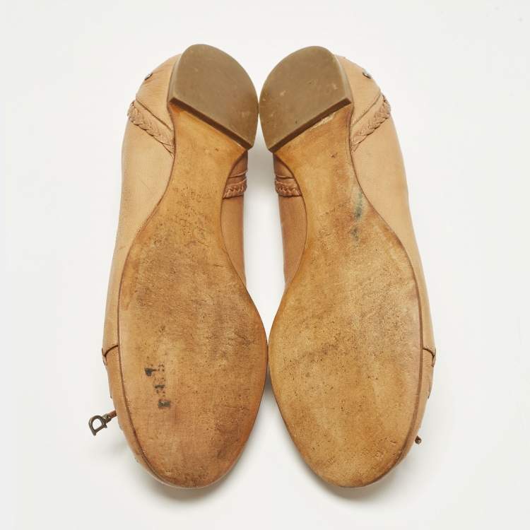 Pre Owned Dior Bow Size 38 Tan Leather Ballet Flats