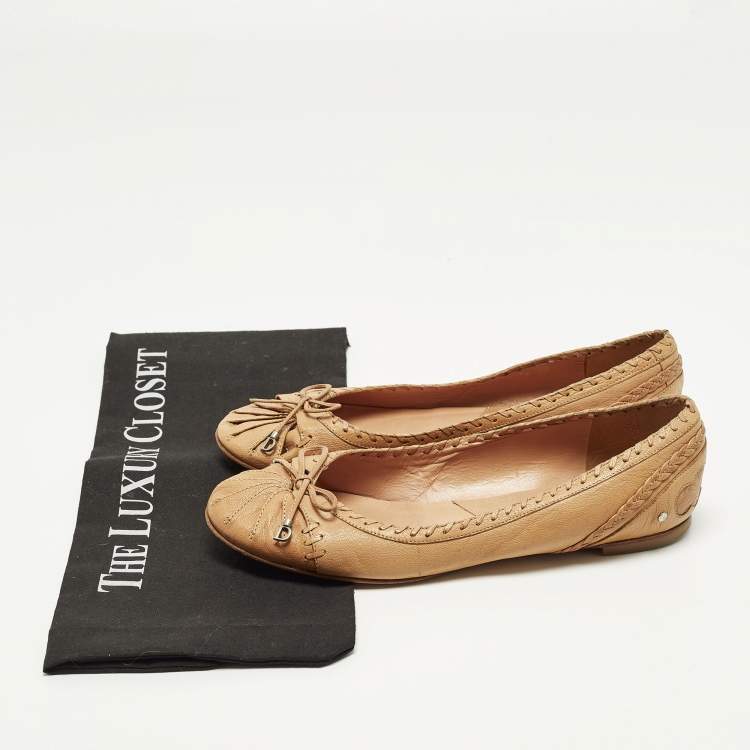 Pre Owned Dior Bow Size 38 Tan Leather Ballet Flats