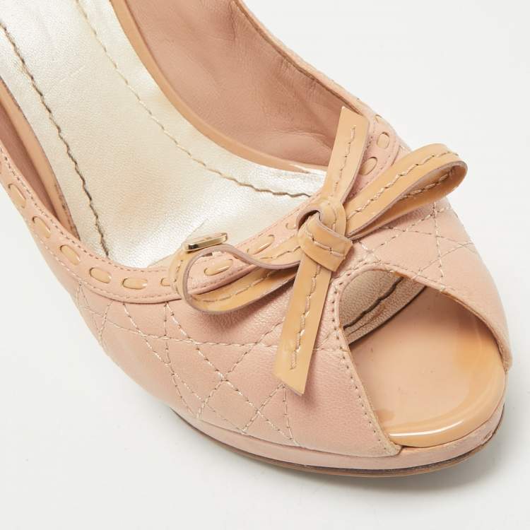 Pre Owned Dior Beige Cannage Leather and Patent Leather Bow Peep Toe Platform Pumps Size 40