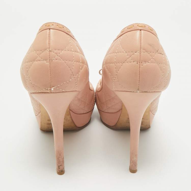 Pre Owned Dior Beige Cannage Leather and Patent Leather Bow Peep Toe Platform Pumps Size 40