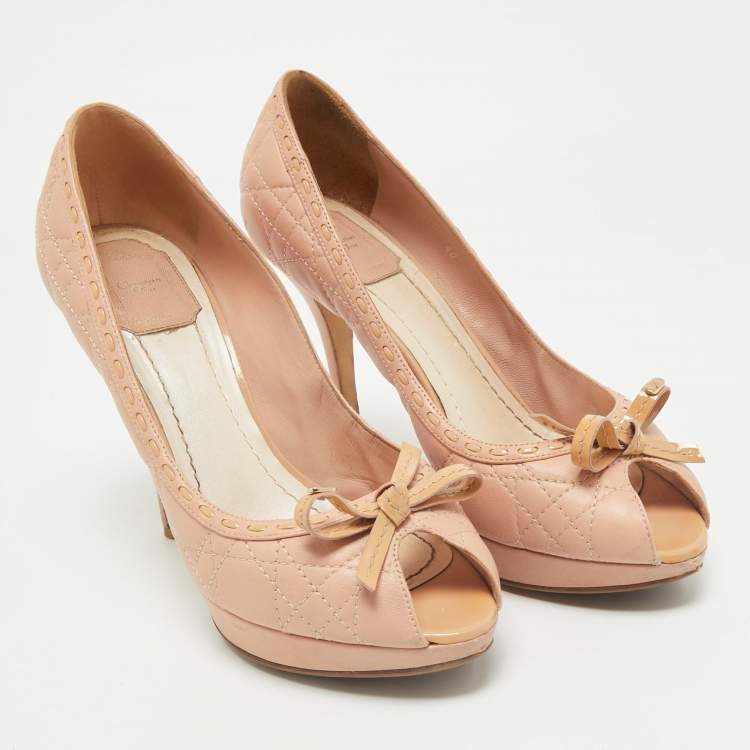 Pre Owned Dior Beige Cannage Leather and Patent Leather Bow Peep Toe Platform Pumps Size 40