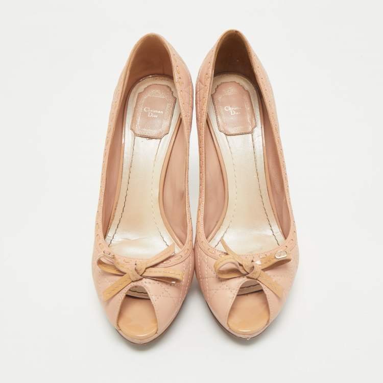 Pre Owned Dior Beige Cannage Leather and Patent Leather Bow Peep Toe Platform Pumps Size 40