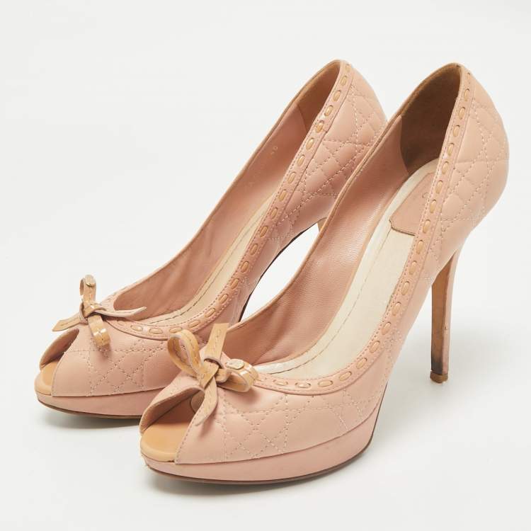 Pre Owned Dior Beige Cannage Leather and Patent Leather Bow Peep Toe Platform Pumps Size 40